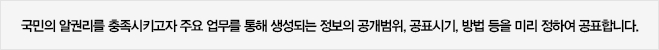 국민의 알권리를 충족시키고자 주요 업무를 통해 생성되는 정보의 공개범위, 공표시기, 방법 등을 미리 정하여 공표합니다.